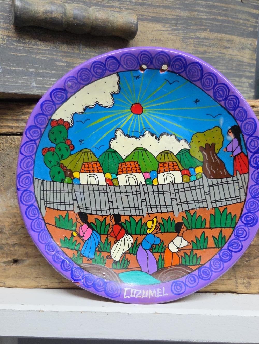 Vintage Hand-Painted Cozumel Mexico Folk Art Ceramic Plate - Vibrant Village